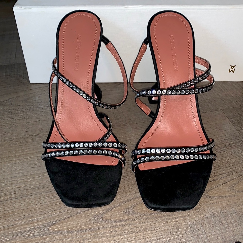 Amina Muaddi Black sandals w/ diamond straps